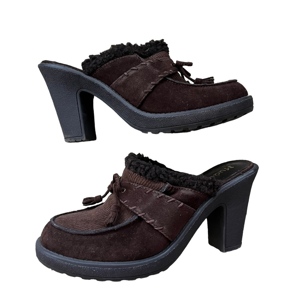 Vtg Y2K Mudd Dark Brown Faux Suede Fur Chunky Heel Mule Tassels Corduroy 9.5 M